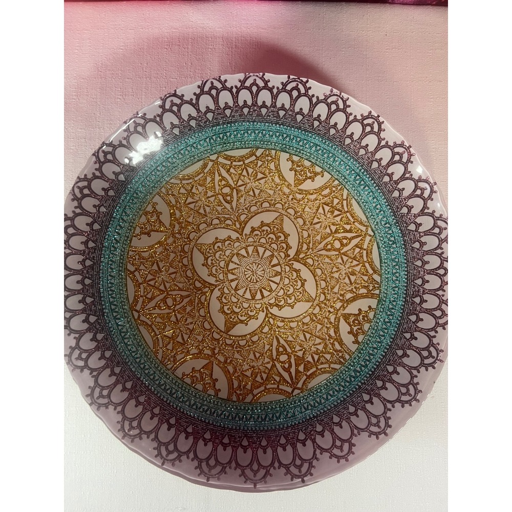 Decorcam Camelot Turkish Glass Centerpiece Bowl 16" Gold Teal Purple Mandala
